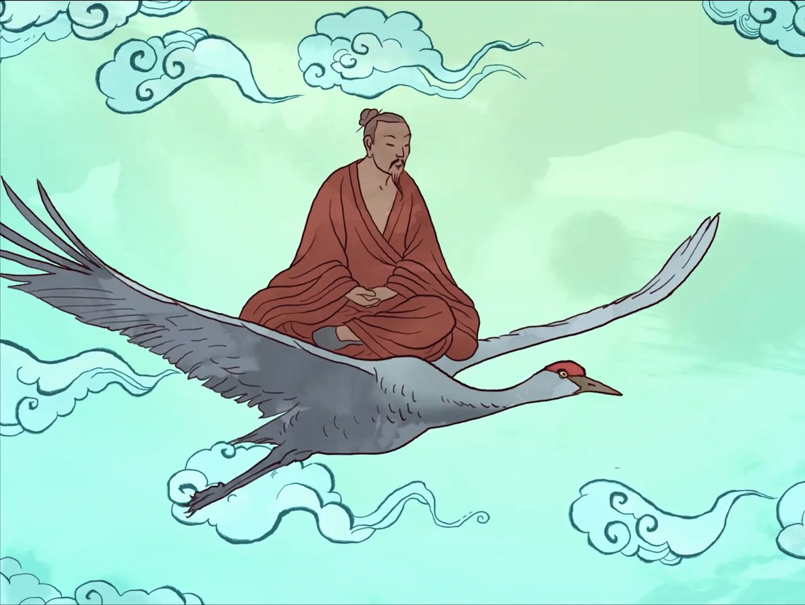 Illustration by Avery Storms: a sage in a red robe riding a crane through the clouds