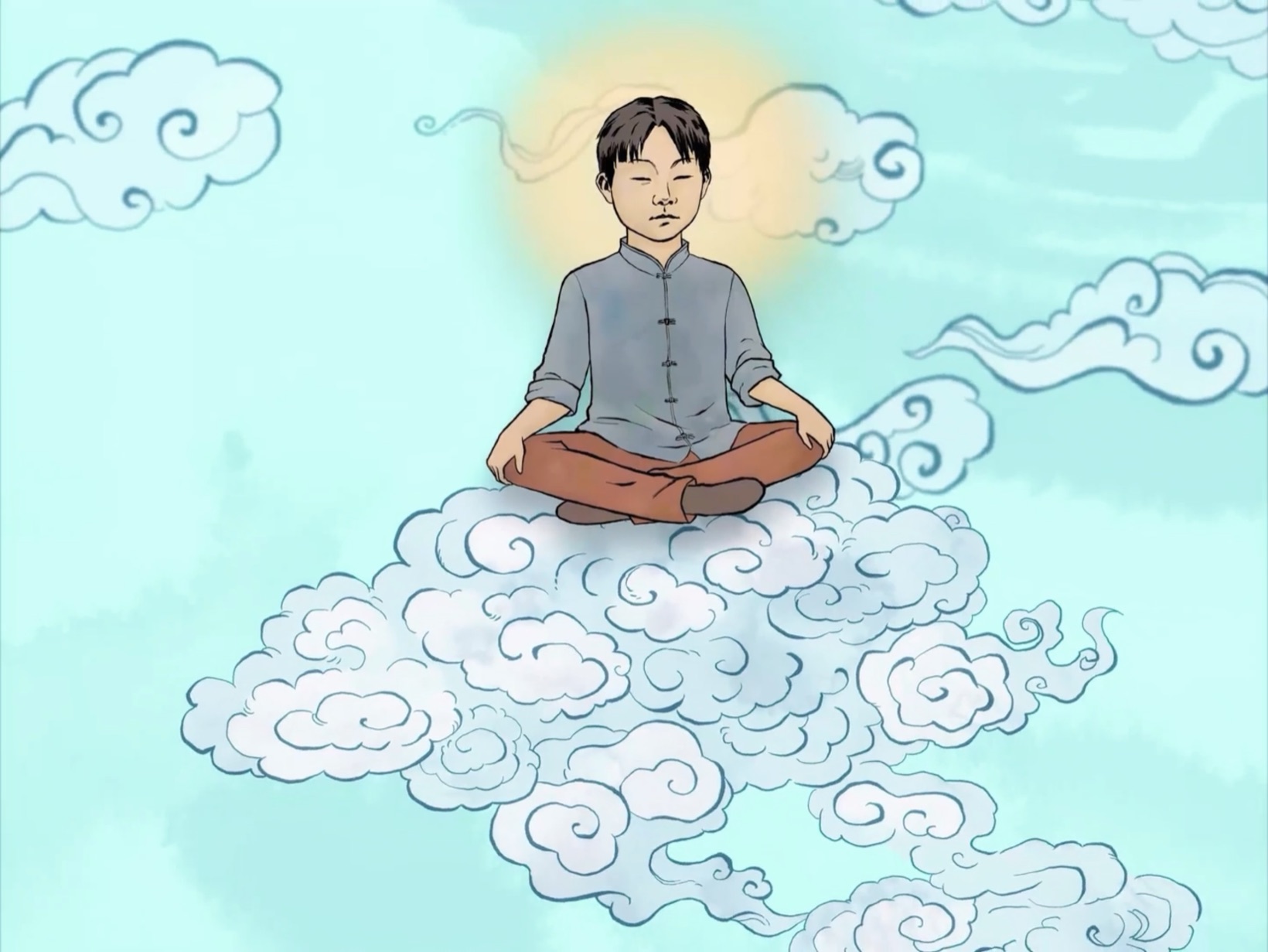Illustration of Chungliang Al Huang seated in meditation on a cloud
